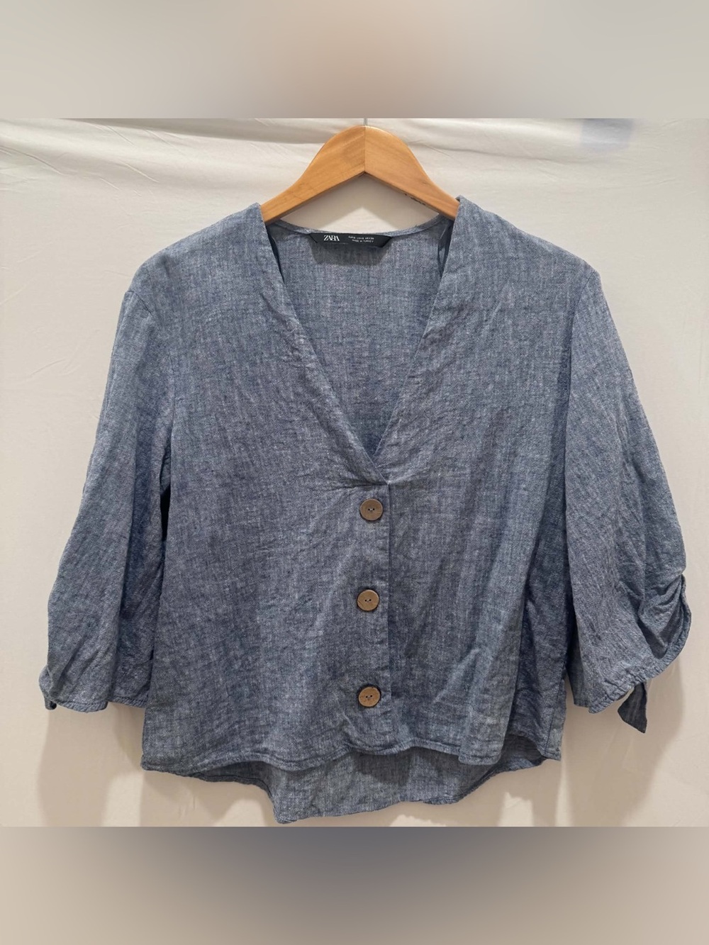 Zara Slate Blue Linen-Blend Button Front Blouse Women's 3/4 Tie Sleeve Size S